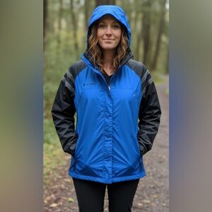 COLUMBIA Blue Black Rain Windbreaker Zip Jacket Unisex Kids Youth 14-16 Women XS